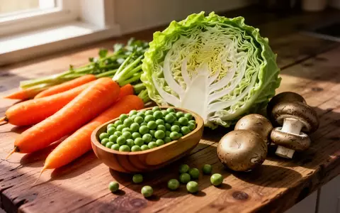 Frische, rohe Zutaten wie Karotten, Spitzkohl, Erbsen und Champignons auf einer rustikalen Holzarbeitsfläche. - Foto: über boerse-global.de