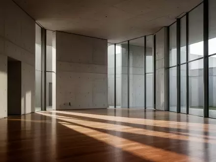 Ein minimalistischer, leerer Raum mit Betonwänden und großen Fenstern, die natürliches Licht auf einen Holzboden werfen. - Foto: über boerse-global.de