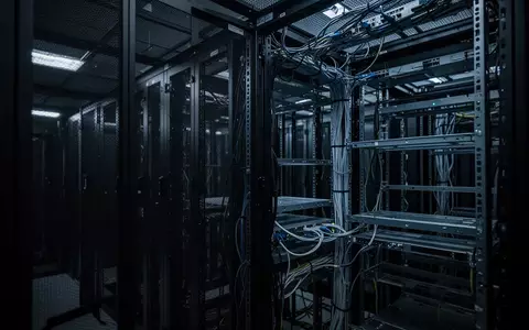 Dunkler Serverraum mit leeren Serverschränken und komplexer Verkabelung in einer kontrollierten Umgebung. - Foto: über boerse-global.de