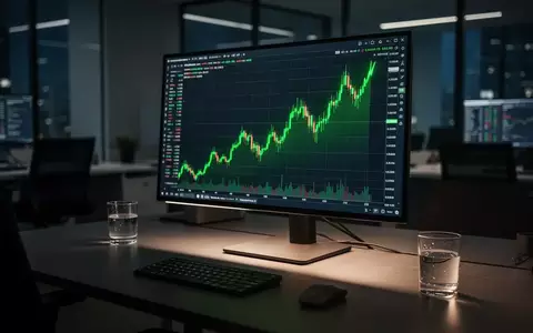 Ein moderner Handelsplatz mit einem grünen Chart auf einem Monitor, das einen steilen Aufwärtstrend bei Bitcoin darstellt. - Foto: über boerse-global.de