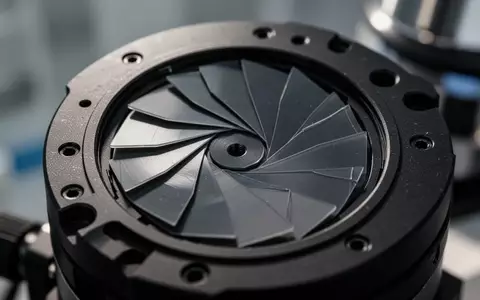 Nahaufnahme einer hochpräzisen mechanischen Blendenkonstruktion mit überlappenden Lamellen in einer Laborumgebung. - Foto: über boerse-global.de