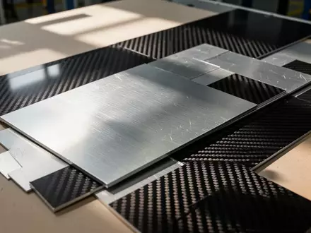 Nahaufnahme von gebürsteten Aluminiumplatten und Carbonfaser-Gewebe in einer Werksumgebung mit natürlichem Licht. - Foto: über boerse-global.de