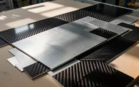 Nahaufnahme von gebürsteten Aluminiumplatten und Carbonfaser-Gewebe in einer Werksumgebung mit natürlichem Licht. - Foto: über boerse-global.de
