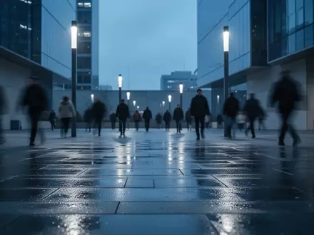 Eine menschenleere, modern gestaltete städtische Umgebung bei Dämmerung, die das Thema digitale Überwachung und Datenschutz im öffentlichen Raum symbolisiert. - Foto: über boerse-global.de