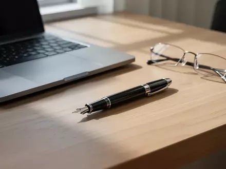 Ein professioneller Schreibtisch mit Laptop, Füllfederhalter und Lesebrille bei natürlichem Tageslicht. - Foto: über boerse-global.de