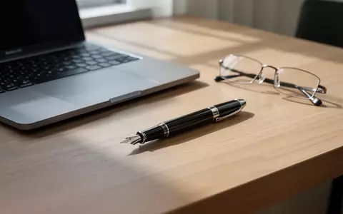 Ein professioneller Schreibtisch mit Laptop, Füllfederhalter und Lesebrille bei natürlichem Tageslicht. - Foto: über boerse-global.de