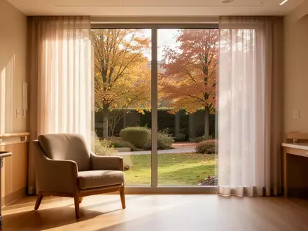 Ein ruhiger, sonnendurchfluteter Raum in einer modernen Pflegeeinrichtung mit Blick in einen Garten. - Foto: über boerse-global.de