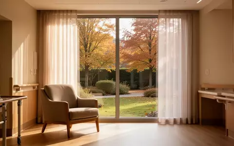 Ein ruhiger, sonnendurchfluteter Raum in einer modernen Pflegeeinrichtung mit Blick in einen Garten. - Foto: über boerse-global.de