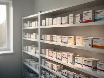 Ein aufgeräumtes Lagerregal in einer Apotheke mit Medikamentenpackungen in einer hellen, professionellen Umgebung. - Foto: über boerse-global.de