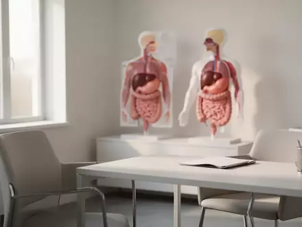 Ein minimalistischer, heller medizinischer Untersuchungsraum mit einem unscharfen anatomischen Modell des menschlichen Verdauungssystems im Hintergrund. - Foto: über boerse-global.de