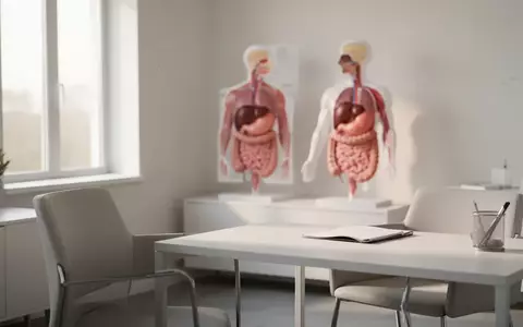 Ein minimalistischer, heller medizinischer Untersuchungsraum mit einem unscharfen anatomischen Modell des menschlichen Verdauungssystems im Hintergrund. - Foto: über boerse-global.de