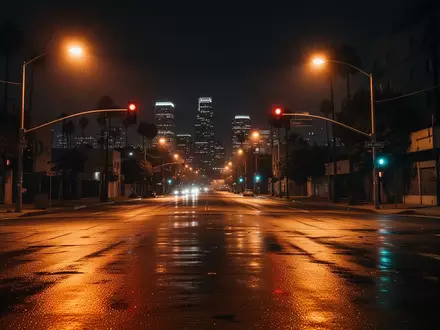 Eine menschenleere Straßenkreuzung in Los Angeles bei Nacht unter der Beleuchtung von Straßenlaternen. - Foto: über boerse-global.de