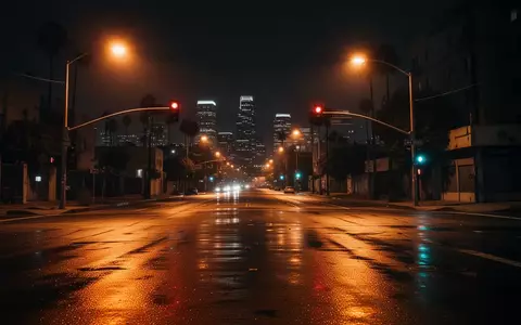 Eine menschenleere Straßenkreuzung in Los Angeles bei Nacht unter der Beleuchtung von Straßenlaternen. - Foto: über boerse-global.de