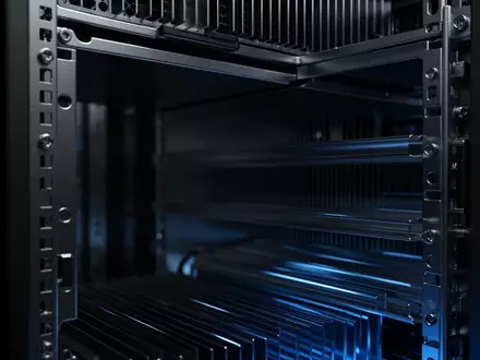 Abstrakte Nahaufnahme eines metallischen Servergehäuses in einer dunklen, modern beleuchteten Anlage. - Foto: über boerse-global.de