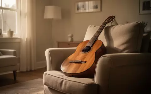 Eine akustische Gitarre in einem hellen, ruhigen Wohnzimmer, die eine warme und friedliche Atmosphäre ausstrahlt. - Foto: über boerse-global.de