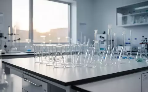Ein steriles, helles klinisches Forschungslabor mit leeren Glasgefäßen auf einer sauberen Arbeitsfläche. - Foto: über boerse-global.de