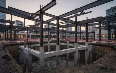 Eine moderne Baustelle mit Stahlträgern und Betonfundamenten während der Dämmerung in einem städtischen Umfeld. - Foto: über boerse-global.de