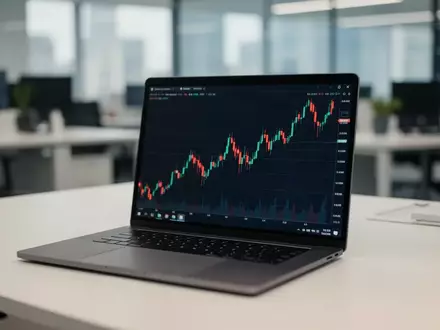 Ein moderner Schreibtisch mit einem Laptop, auf dem ein steigender Aktienchart ohne Text zu sehen ist. - Foto: über boerse-global.de