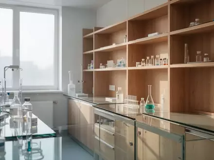 Ein minimalistischer, leerer Vorbereitungsraum einer Apotheke in hellem, natürlichem Licht mit Holzregalen und Glasflächen. - Foto: über boerse-global.de
