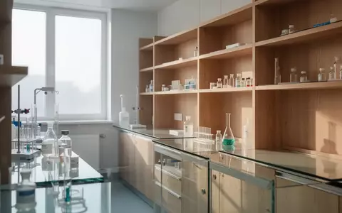 Ein minimalistischer, leerer Vorbereitungsraum einer Apotheke in hellem, natürlichem Licht mit Holzregalen und Glasflächen. - Foto: über boerse-global.de