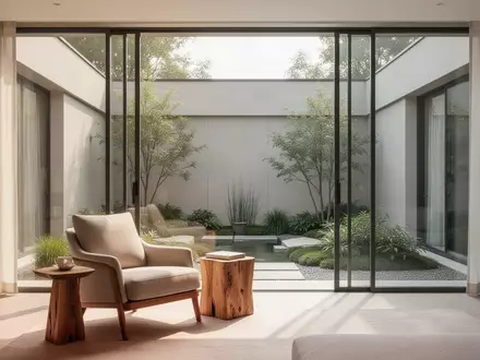 Ein helles, modern eingerichtetes Wohnzimmer mit Blick in einen ruhigen Garten, das eine Atmosphäre von häuslicher Geborgenheit vermittelt. - Foto: über boerse-global.de