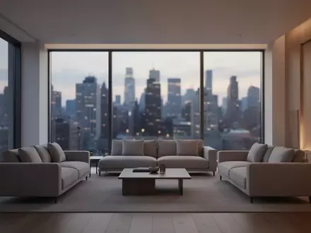 Ein minimalistisch eingerichteter, leerer Wohnraum bei Dämmerung mit Blick auf eine Stadtkulisse. - Foto: über boerse-global.de