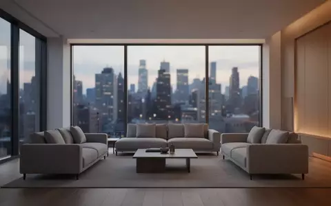 Ein minimalistisch eingerichteter, leerer Wohnraum bei Dämmerung mit Blick auf eine Stadtkulisse. - Foto: über boerse-global.de