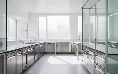 Ein minimalistisches, modernes Labor mit sauberen weißen Oberflächen und natürlichem Licht, das auf leere Medizinschränke fällt. - Foto: über boerse-global.de