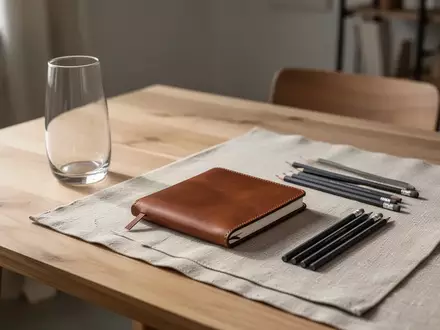 Ein minimalistischer, aufgeräumter Schreibtisch aus Eichenholz mit einem leeren Glas, einem Notizbuch und Stiften in natürlichem Tageslicht. - Foto: über boerse-global.de