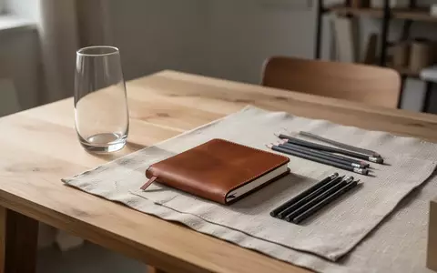 Ein minimalistischer, aufgeräumter Schreibtisch aus Eichenholz mit einem leeren Glas, einem Notizbuch und Stiften in natürlichem Tageslicht. - Foto: über boerse-global.de
