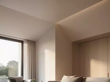 Ein minimalistisch gestalteter Wohnraum mit Fokus auf die Architektur einer Decken- und Wandecke bei natürlichem Licht. - Foto: über boerse-global.de