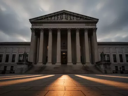 Ein imposantes, neoklassizistisches Gerichtsgebäude mit massiven Steinsäulen unter einem bewölkten Himmel. - Foto: über boerse-global.de