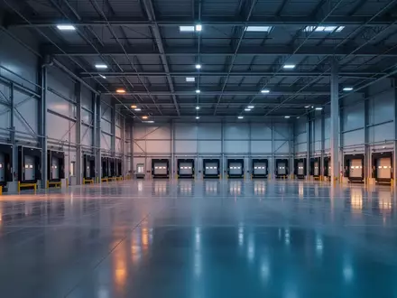 Weitläufiges, modernes Logistikzentrum mit polierten Betonböden und industrieller Architektur in der Dämmerung. - Foto: über boerse-global.de