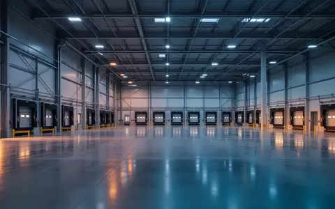 Weitläufiges, modernes Logistikzentrum mit polierten Betonböden und industrieller Architektur in der Dämmerung. - Foto: über boerse-global.de