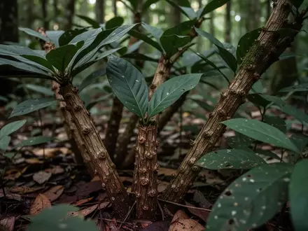 Nahaufnahme der Tabernanthe iboga Pflanze im Unterholz eines tropischen Waldes bei natürlichem Licht. - Foto: über boerse-global.de