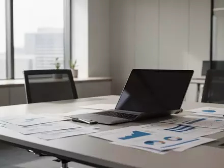 Ein moderner, minimalistischer Büroschreibtisch mit einem Laptop und Finanzunterlagen in einem hellen, professionellen Umfeld. - Foto: über boerse-global.de