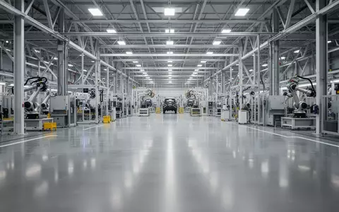 Weitläufige, moderne Industriehalle einer Automobilfertigung mit hochmoderner Montagetechnik und sauberem Betonboden. - Foto: über boerse-global.de