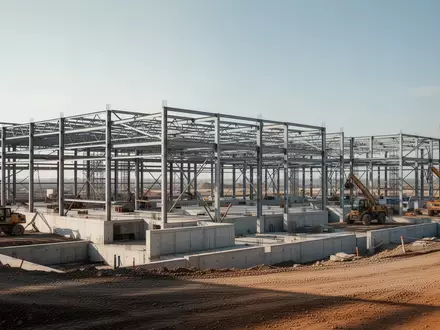 Große Industriebaustelle mit Stahlgerüst und Betonfundamenten für ein neues Produktionsgebäude. - Foto: über boerse-global.de