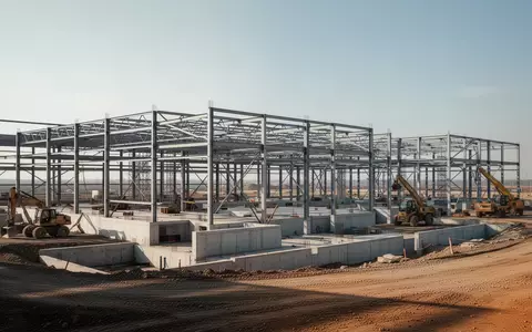 Große Industriebaustelle mit Stahlgerüst und Betonfundamenten für ein neues Produktionsgebäude. - Foto: über boerse-global.de