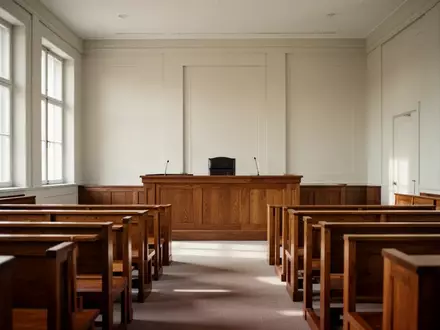Ein leerer, minimalistischer Gerichtssaal mit polierten Holzbänken und einem hohen Richtertisch bei natürlichem Lichteinfall. - Foto: über boerse-global.de