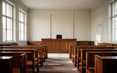 Ein leerer, minimalistischer Gerichtssaal mit polierten Holzbänken und einem hohen Richtertisch bei natürlichem Lichteinfall. - Foto: über boerse-global.de