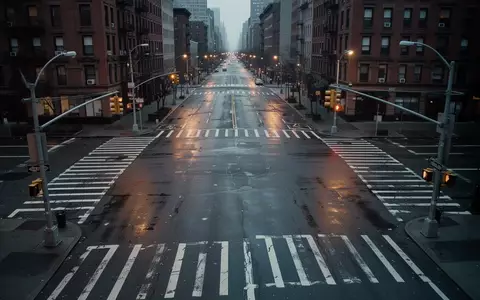 Eine leere Straßenkreuzung in New York bei Dämmerung mit nasser Fahrbahn und den Silhouetten städtischer Gebäude. - Foto: über boerse-global.de