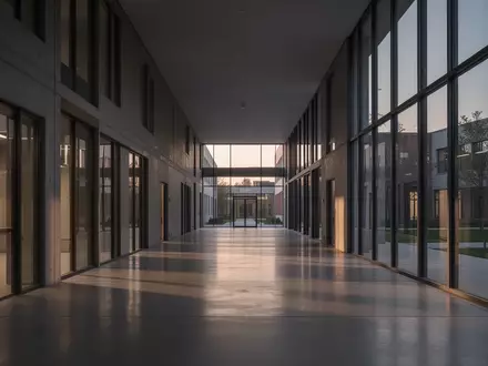 Ein minimalistisch gestalteter Universitätsflur mit geometrischen Schattenwürfen bei Dämmerung. - Foto: über boerse-global.de