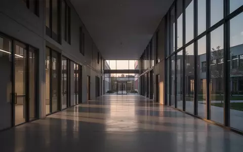 Ein minimalistisch gestalteter Universitätsflur mit geometrischen Schattenwürfen bei Dämmerung. - Foto: über boerse-global.de