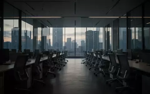 Ein verlassenes, modernes Großraumbüro mit leeren Arbeitsplätzen in einem Hochhaus bei Dämmerung. - Foto: über boerse-global.de