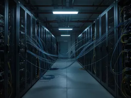 Dunkler Serverraum mit beleuchteten Racks und Glasfaserkabeln als Symbol für eine Cyber-Sicherheitskampagne. - Foto: über boerse-global.de