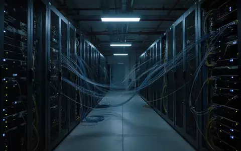 Dunkler Serverraum mit beleuchteten Racks und Glasfaserkabeln als Symbol für eine Cyber-Sicherheitskampagne. - Foto: über boerse-global.de