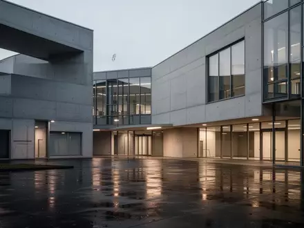 Modernes Verwaltungsgebäude in der Dämmerung mit minimalistischer Architektur und klaren Linien. - Foto: über boerse-global.de