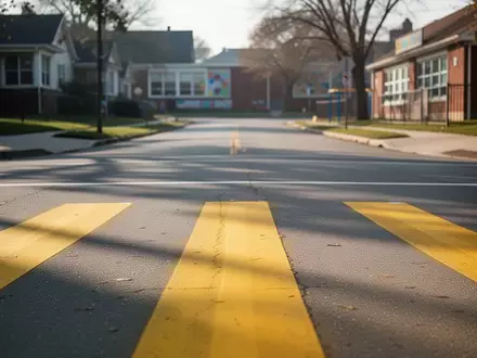 Ein gelb markierter Fußgängerüberweg vor einer Grundschule bei Tageslicht ohne Personen oder Fahrzeuge. - Foto: über boerse-global.de