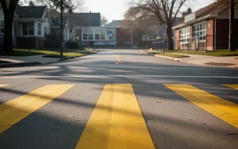 Ein gelb markierter Fußgängerüberweg vor einer Grundschule bei Tageslicht ohne Personen oder Fahrzeuge. - Foto: über boerse-global.de